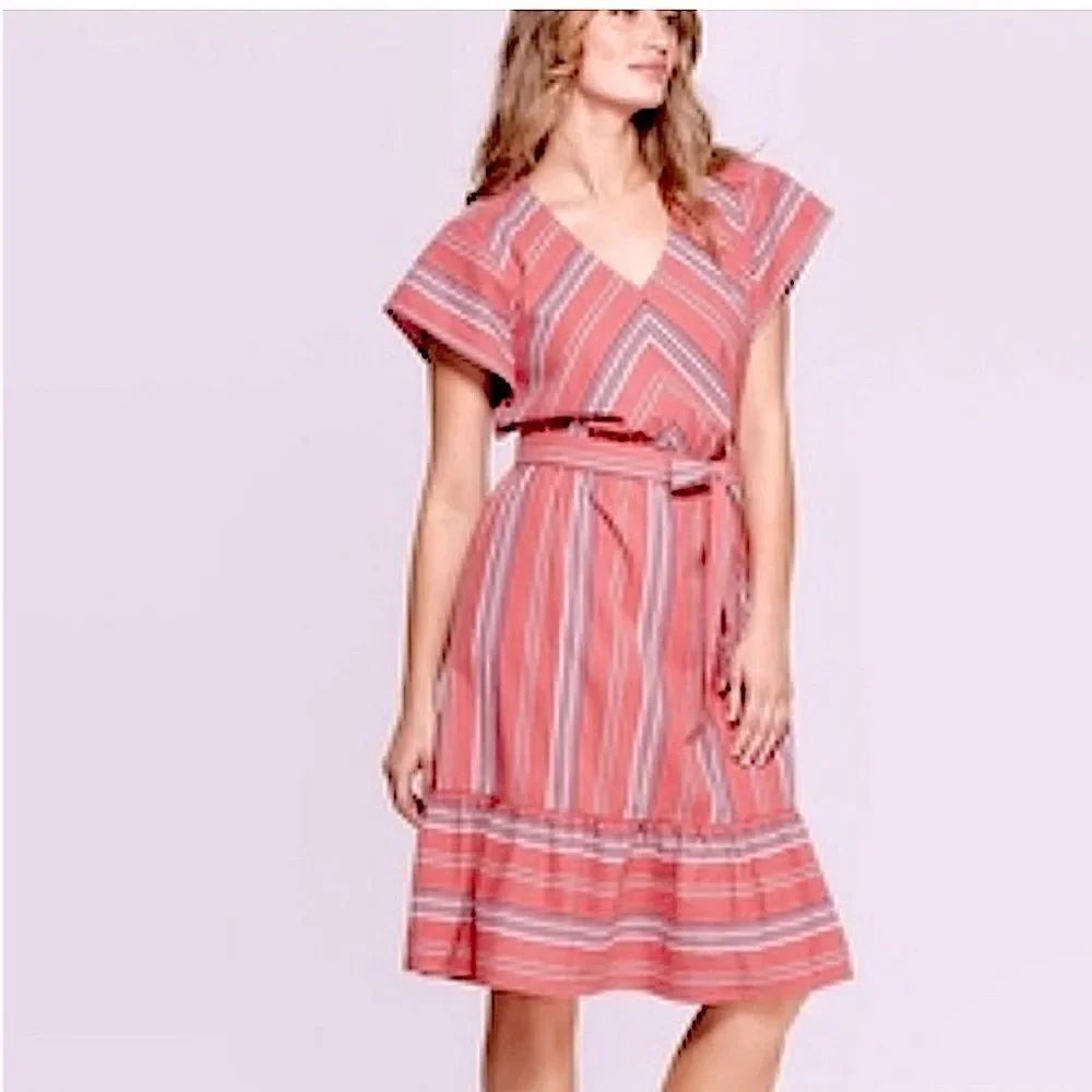 Universal Thread Pink mauve Stripe Midi Dress v neck tie waist ruffle cotton XL